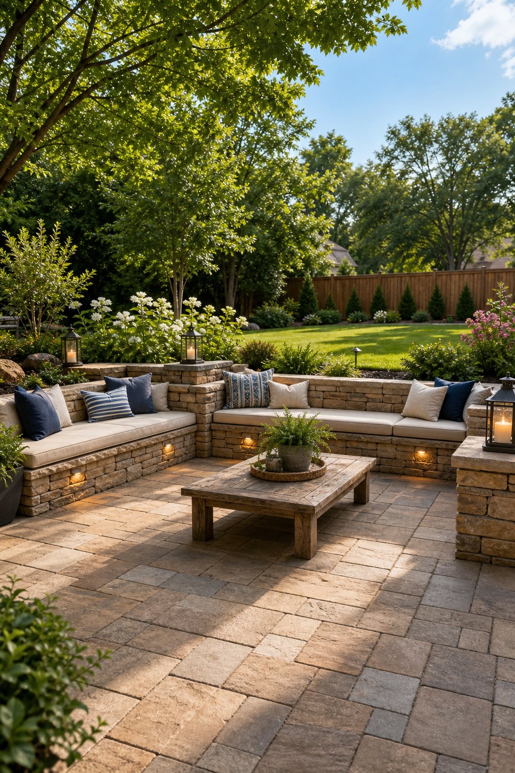 Backyard patio with built-in stone bench seating surrounded by plants and trees.