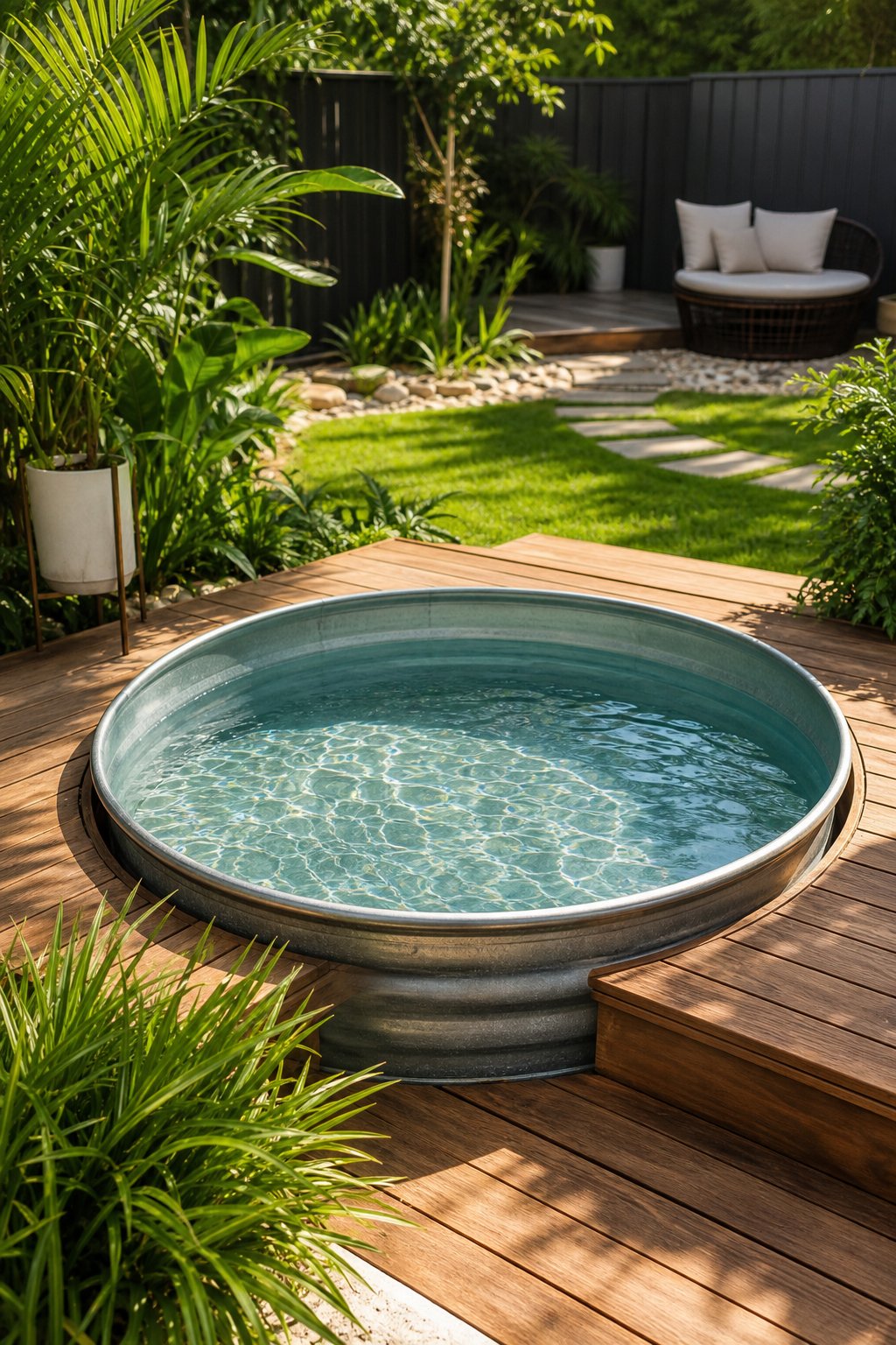 Small round plunge pool made of metal surrounded by a wooden deck and green plants in a backyard.