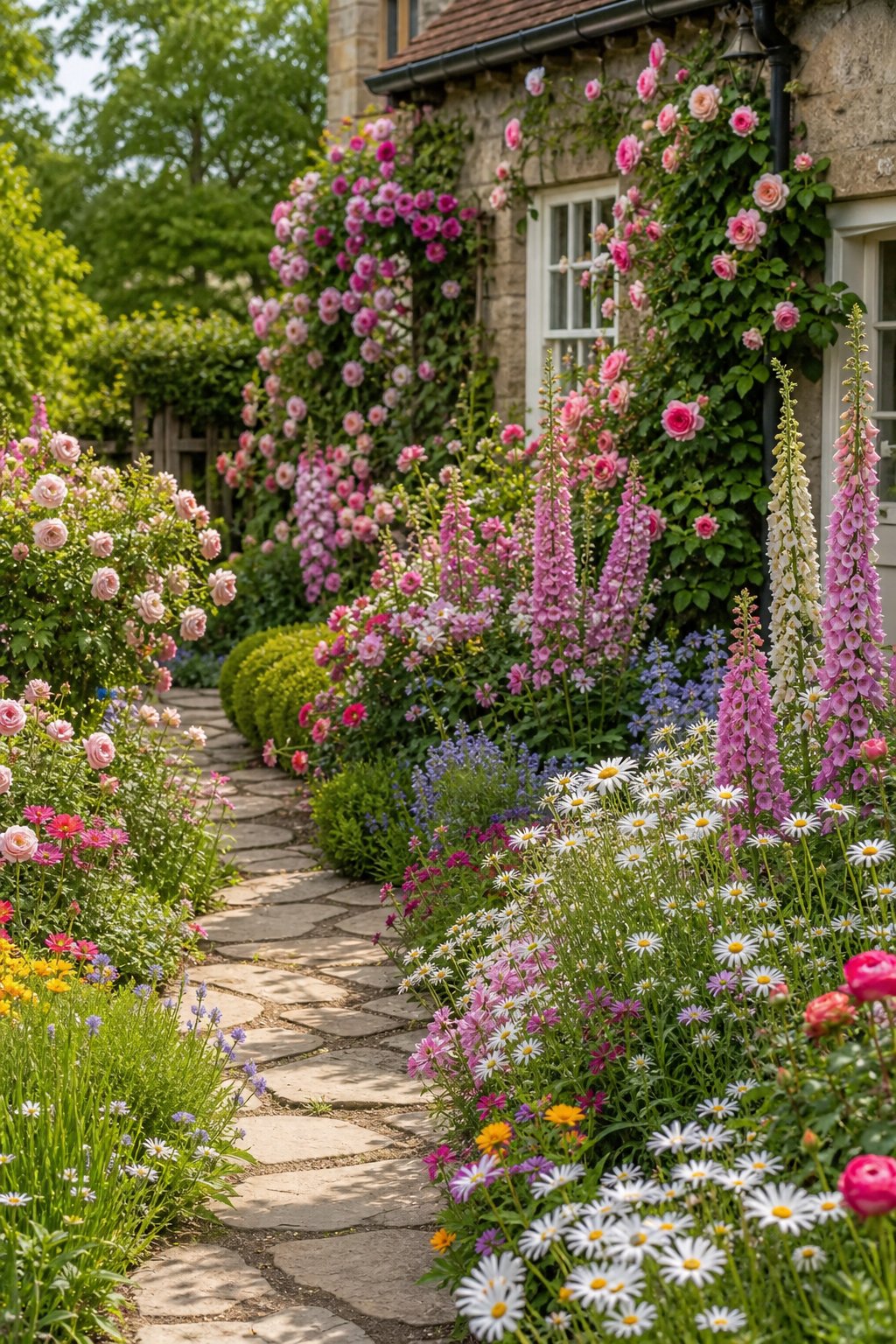 A colorful cottage garden with roses, foxgloves, daisies, and a stone pathway leading through the flowers.