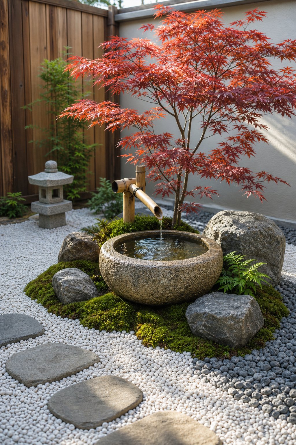 A peaceful backyard corner with a stone water basin surrounded by white gravel and a Japanese maple tree with red leaves.