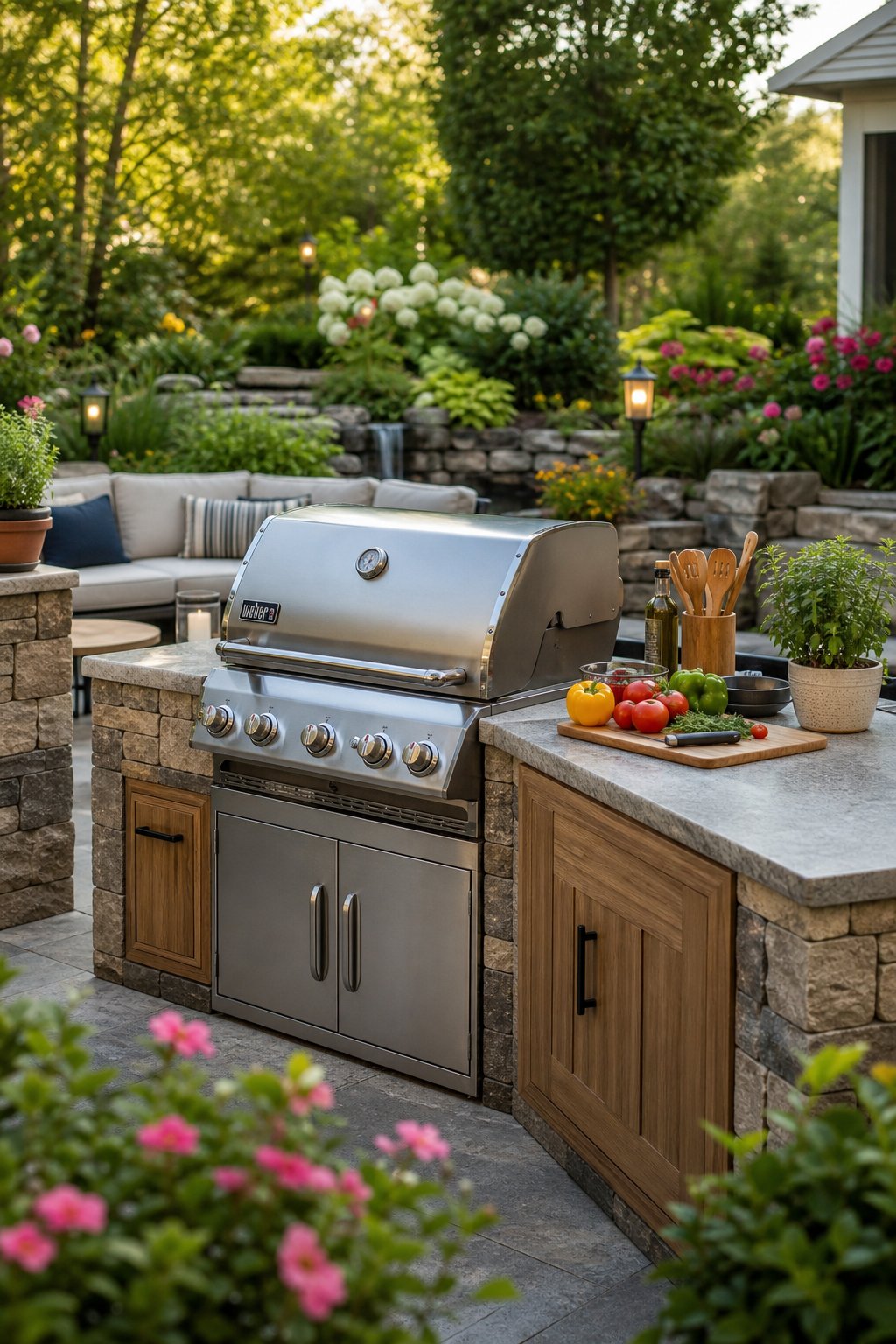 Outdoor kitchenette with a Weber grill and prep counter surrounded by plants in a backyard.