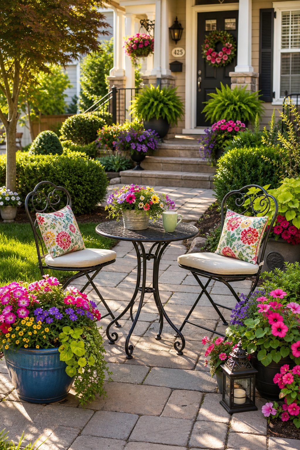 A front yard with a small bistro table and two chairs surrounded by colorful flower planters and green plants.