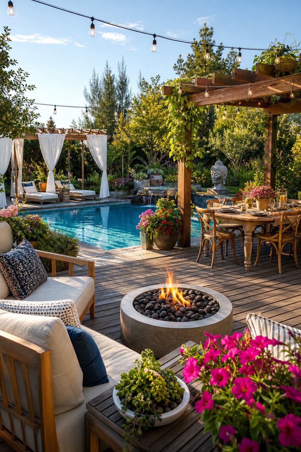 A backyard with a swimming pool, lounge chairs, a fire pit, a pergola with curtains, an outdoor dining area, and lush plants under clear skies.