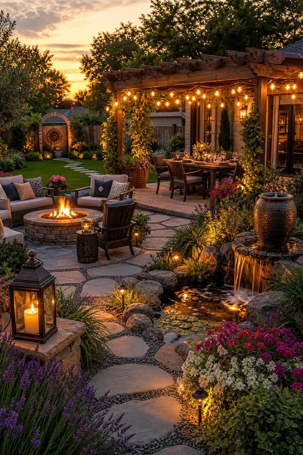 A backyard with comfortable seating, a fire pit, plants, a pergola with string lights, a water feature, and a dining table.