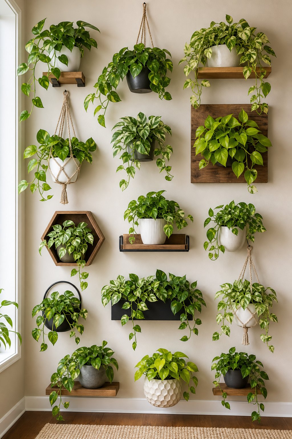 Interior wall decorated with thirteen different Pothos plant arrangements in various hanging and mounted planters.