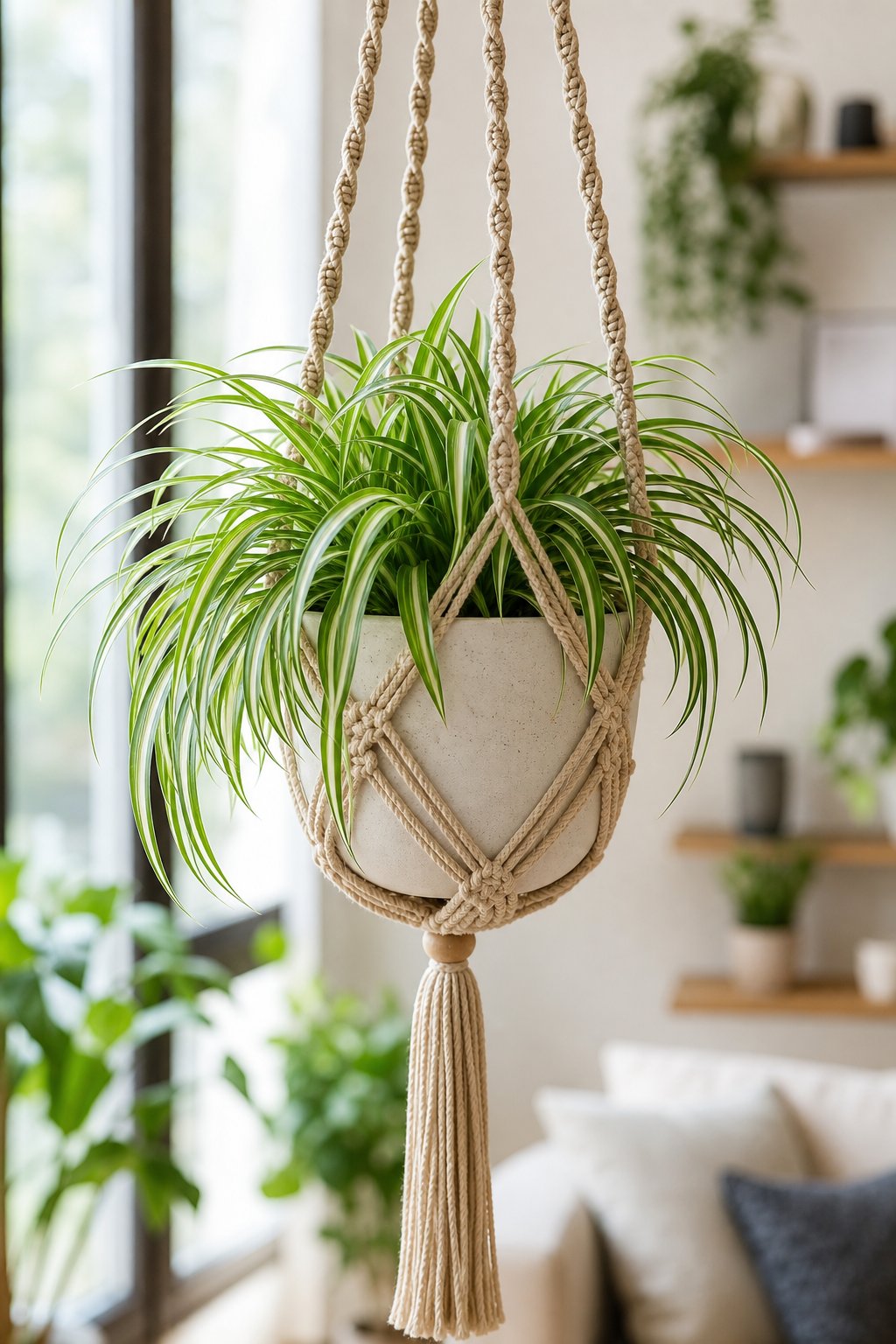 A spider plant hanging indoors in a beige macramé hanger with a blurred background.