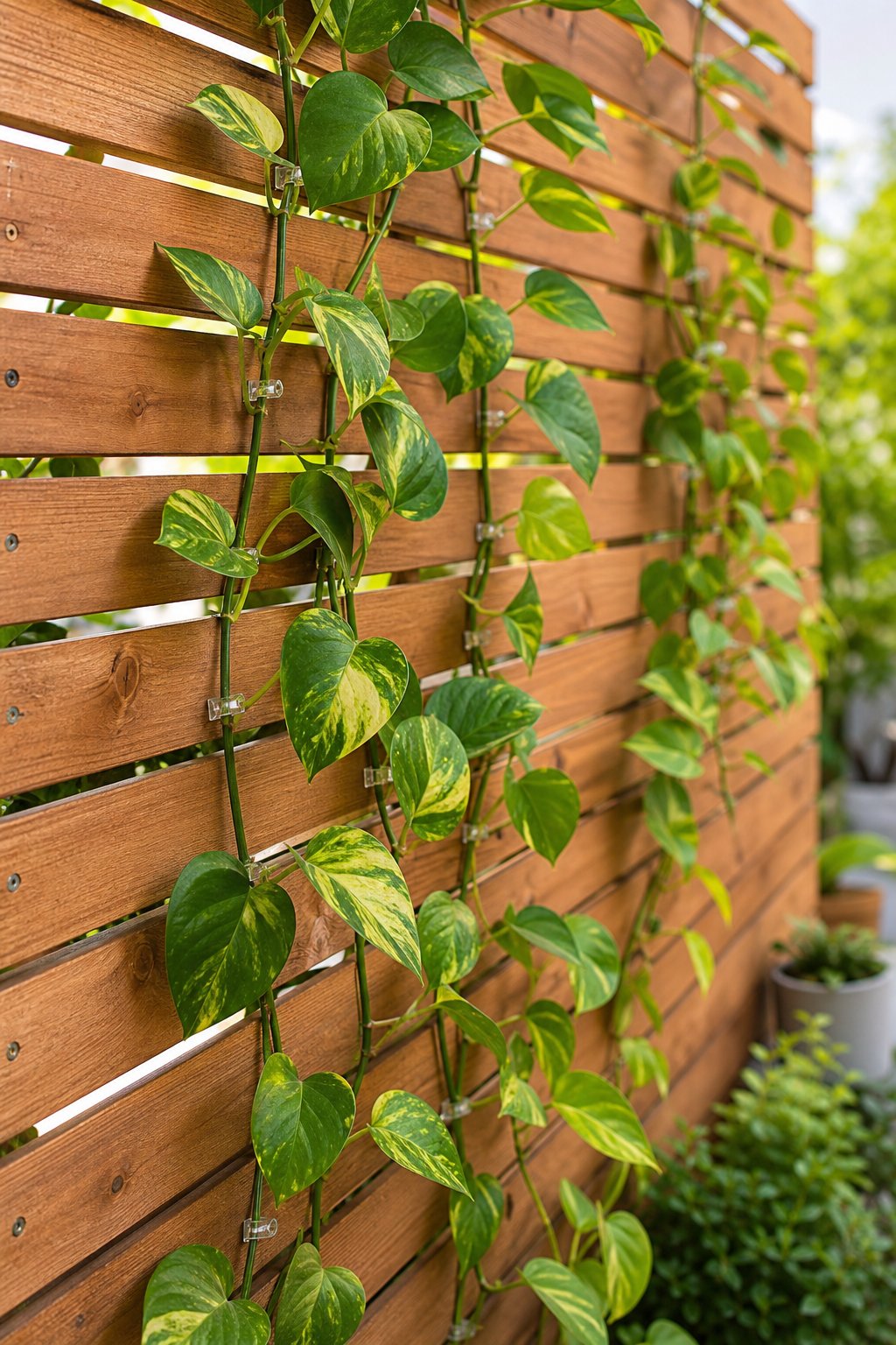 A cedar slat fence with green golden pothos vines attached using clear clips.
