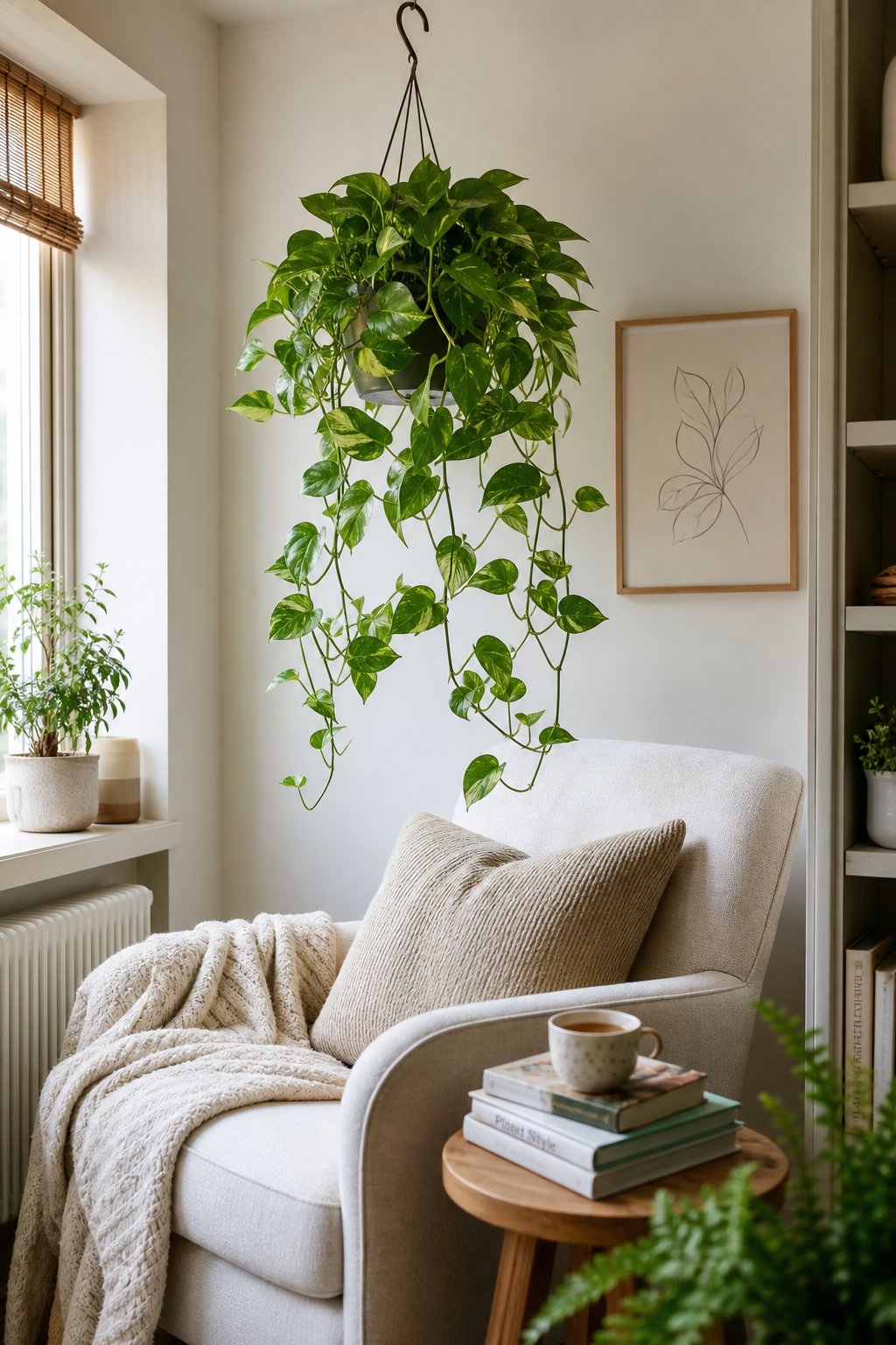 Indoor reading nook with a hanging pothos plant suspended from a ceiling hook above a cozy seat and side table.