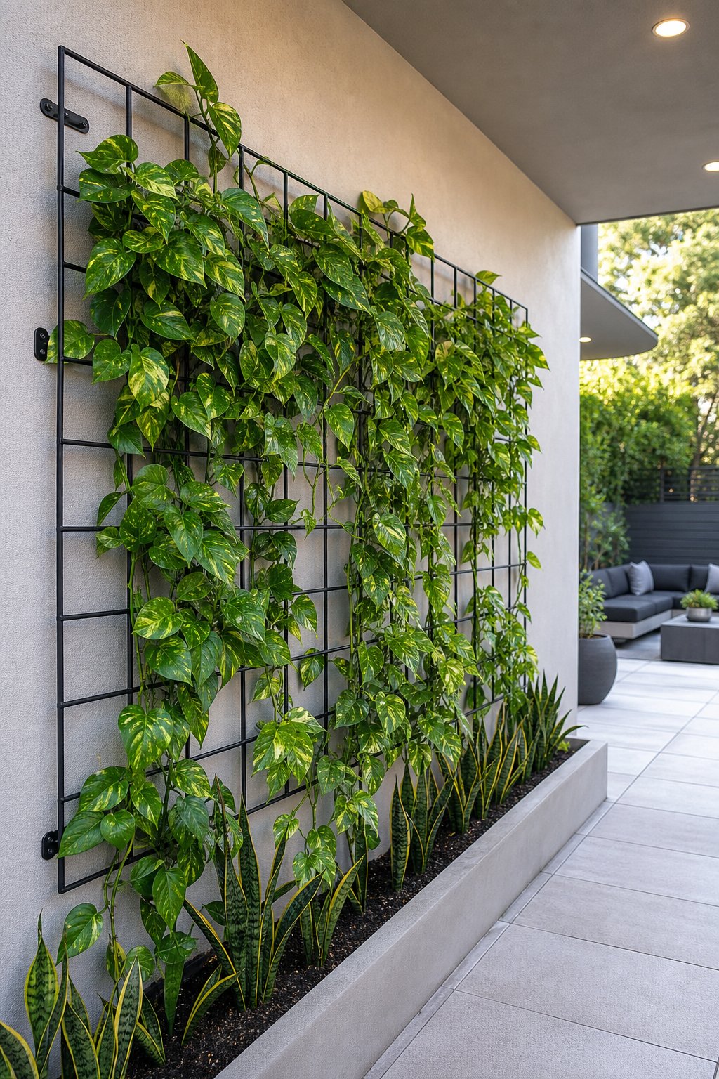 Outdoor patio privacy wall with a black metal trellis covered in green pothos plants.