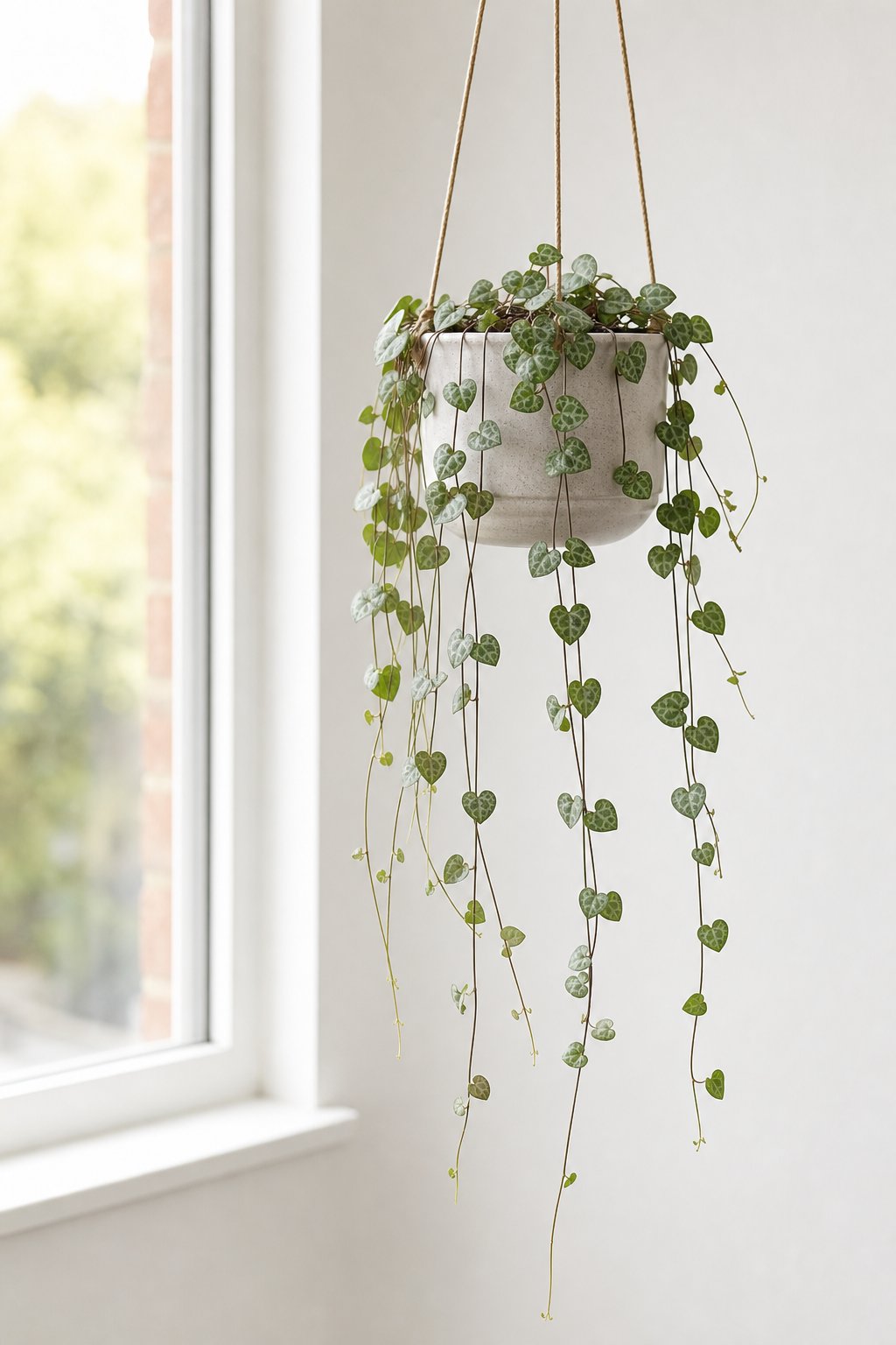 A String of Hearts plant hanging in a small pot near a bright window with trailing heart-shaped leaves.