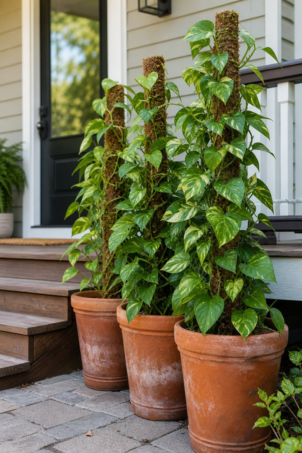 Cluster of Pothos plants climbing moss poles in large terracotta pots arranged by a front porch.