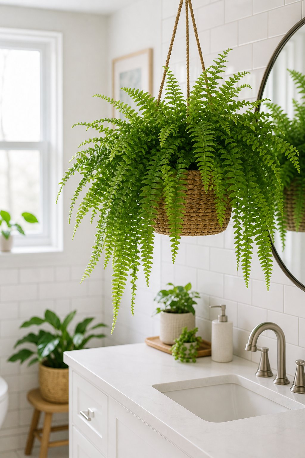 A bathroom with a Boston fern plant in a woven basket hanging near a window, surrounded by white tiles and natural light.