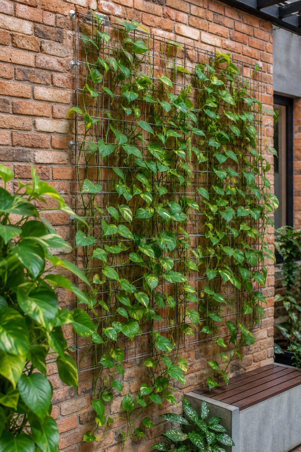 A courtyard brick wall with a galvanized wire grid supporting a lush green pothos living wall.