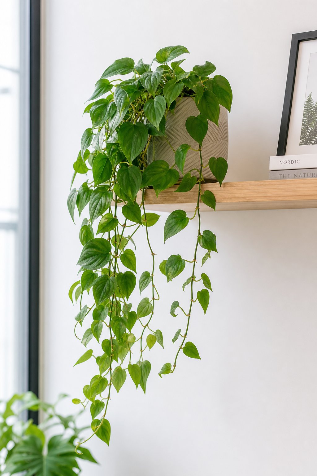 A floating wooden shelf on a white wall holding a trailing heartleaf philodendron plant with green leaves.