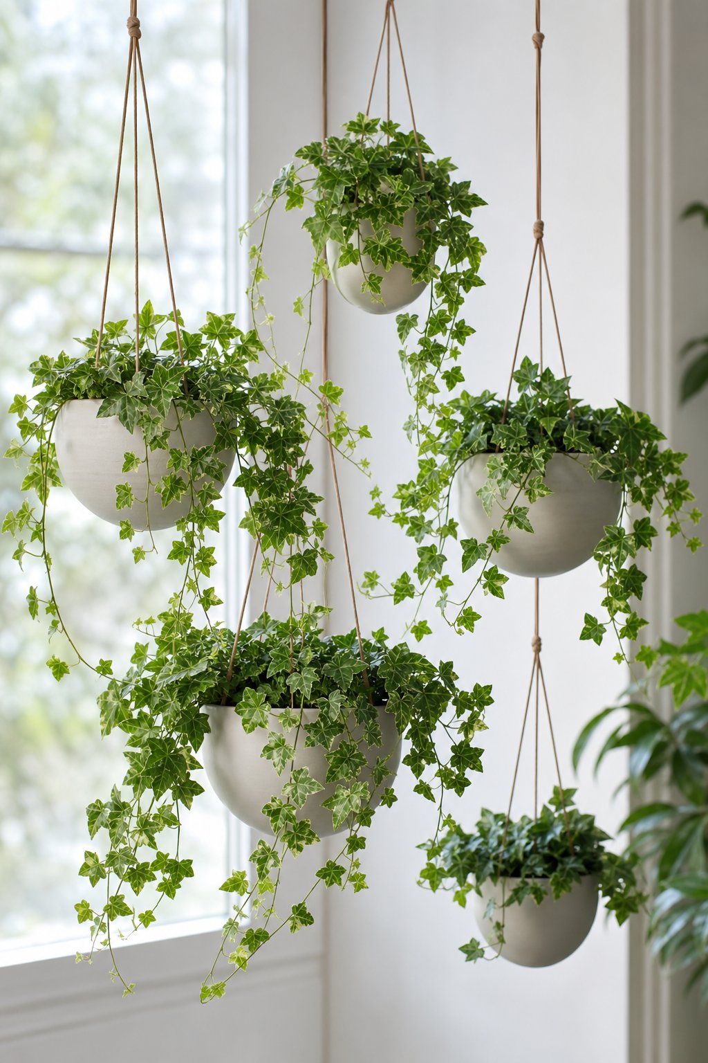 Cluster of hanging pots with English Ivy plants indoors, arranged at different heights with green leaves cascading down.