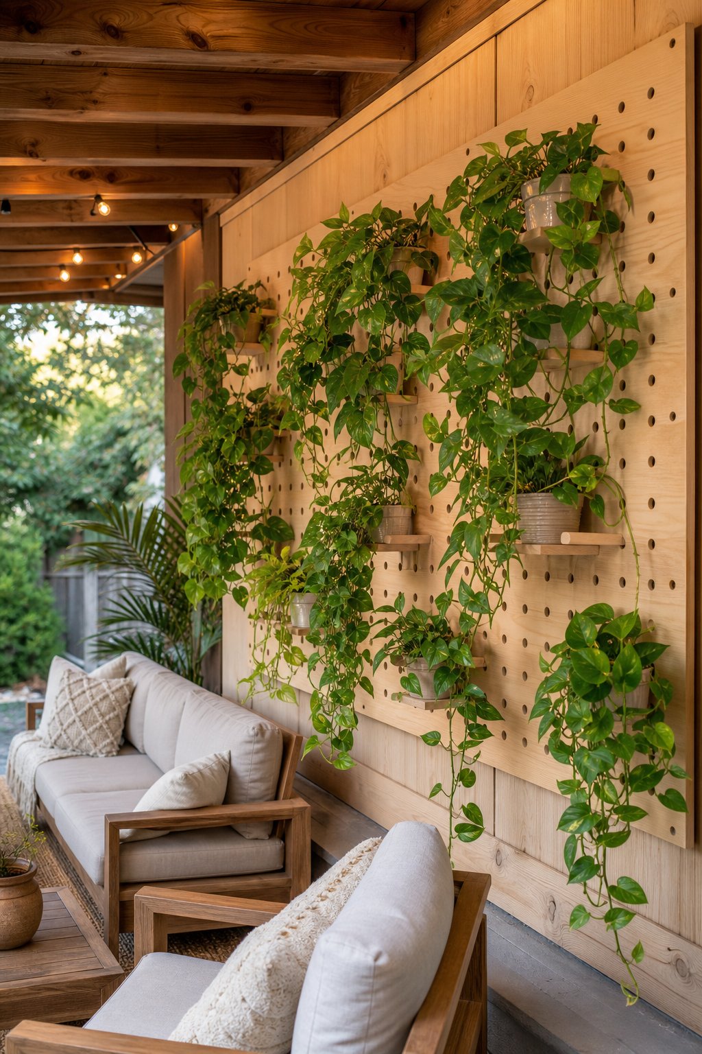 Wooden pegboard with pothos plants hanging under a covered backyard seating area with outdoor furniture.