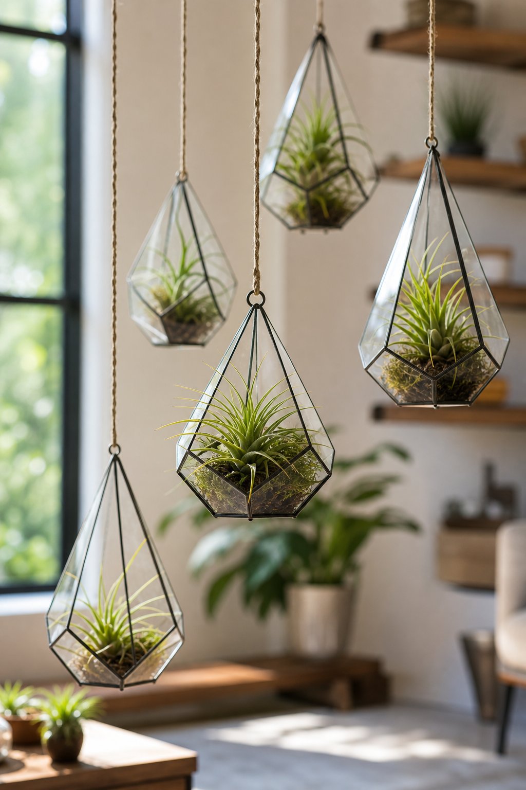 Several glass hanging terrariums with green air plants inside, suspended indoors with natural light and blurred background.