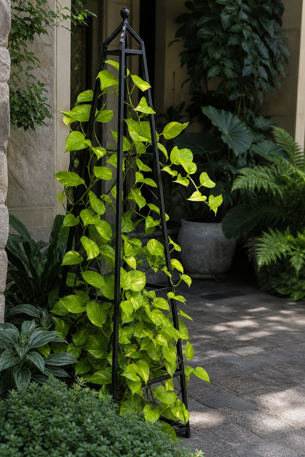 A black metal obelisk trellis covered with neon green pothos vines in a shaded garden entryway surrounded by lush plants.
