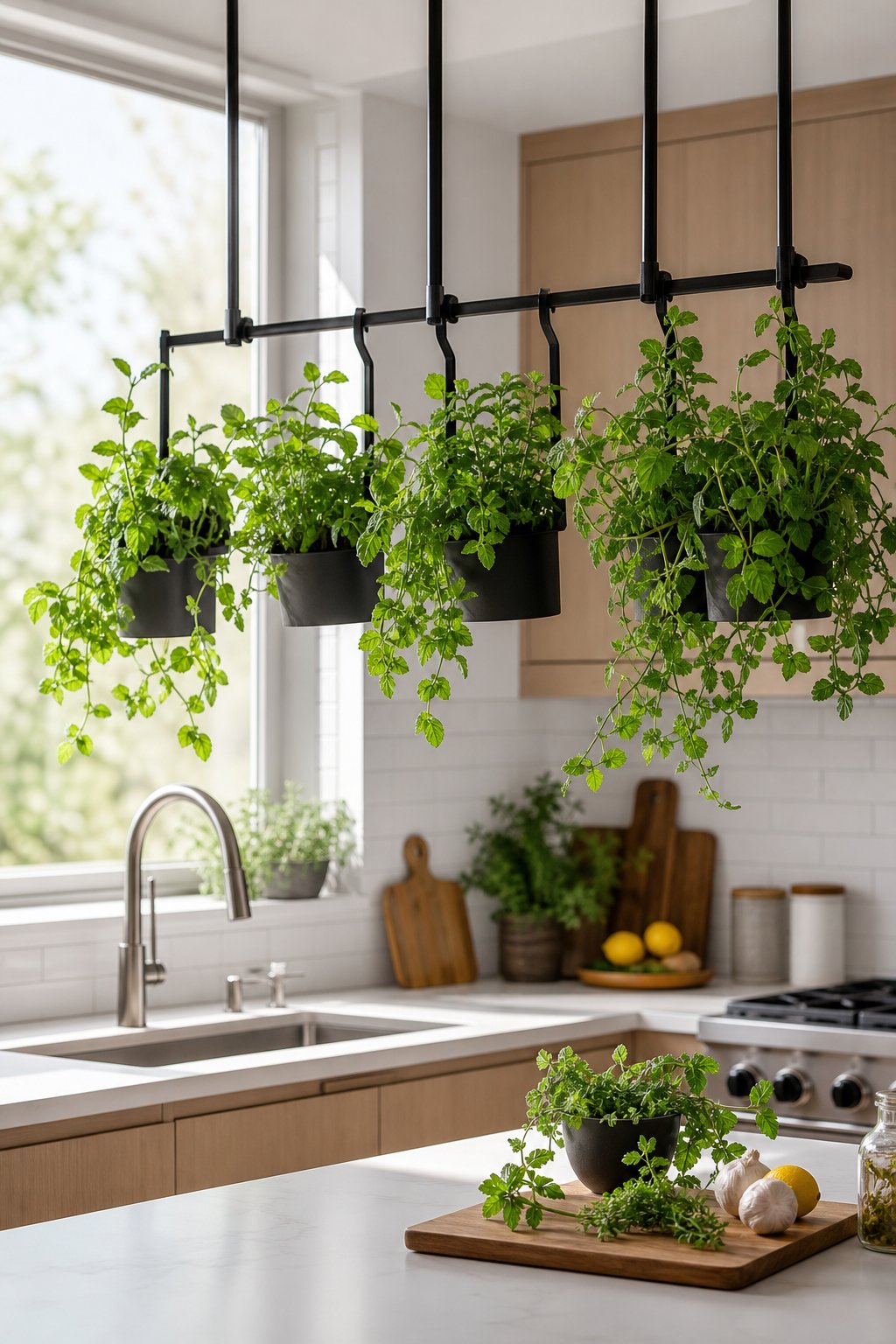 A kitchen with hanging pots of trailing mint plants near a window, showing a bright and fresh indoor herb garden.