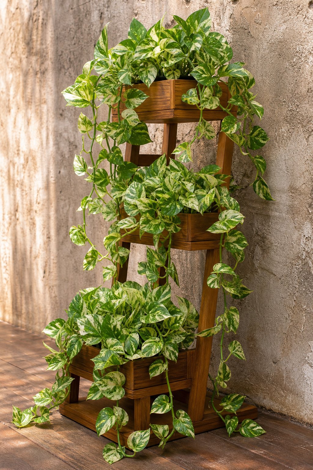 Tiered teak plant stand against an exterior wall with cascading Marble Queen Pothos plants.