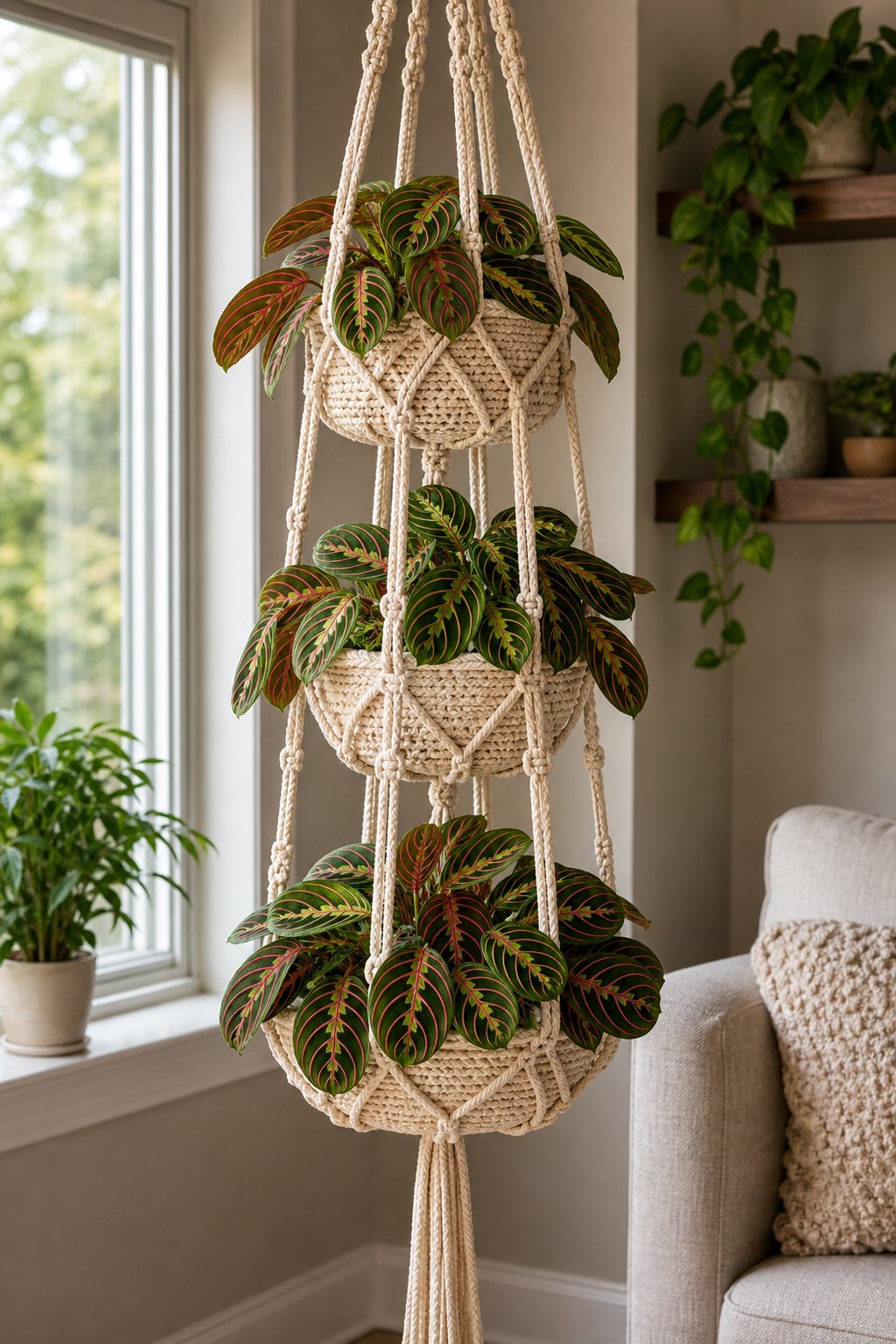 Multi-tier macramé plant hangers holding vibrant prayer plants indoors near a window.