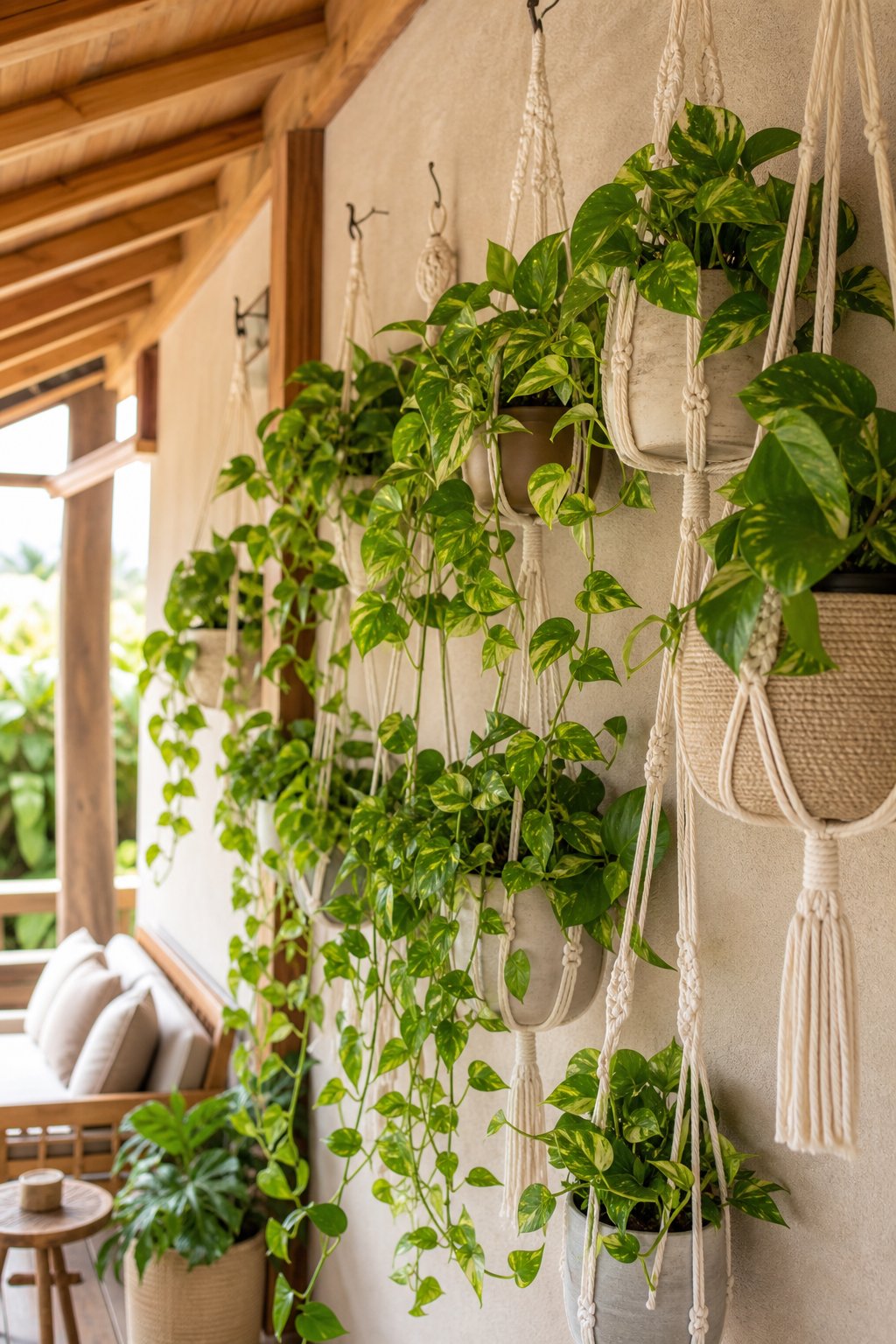 A covered veranda wall decorated with macrame hanging planters holding green pothos plants with trailing vines.