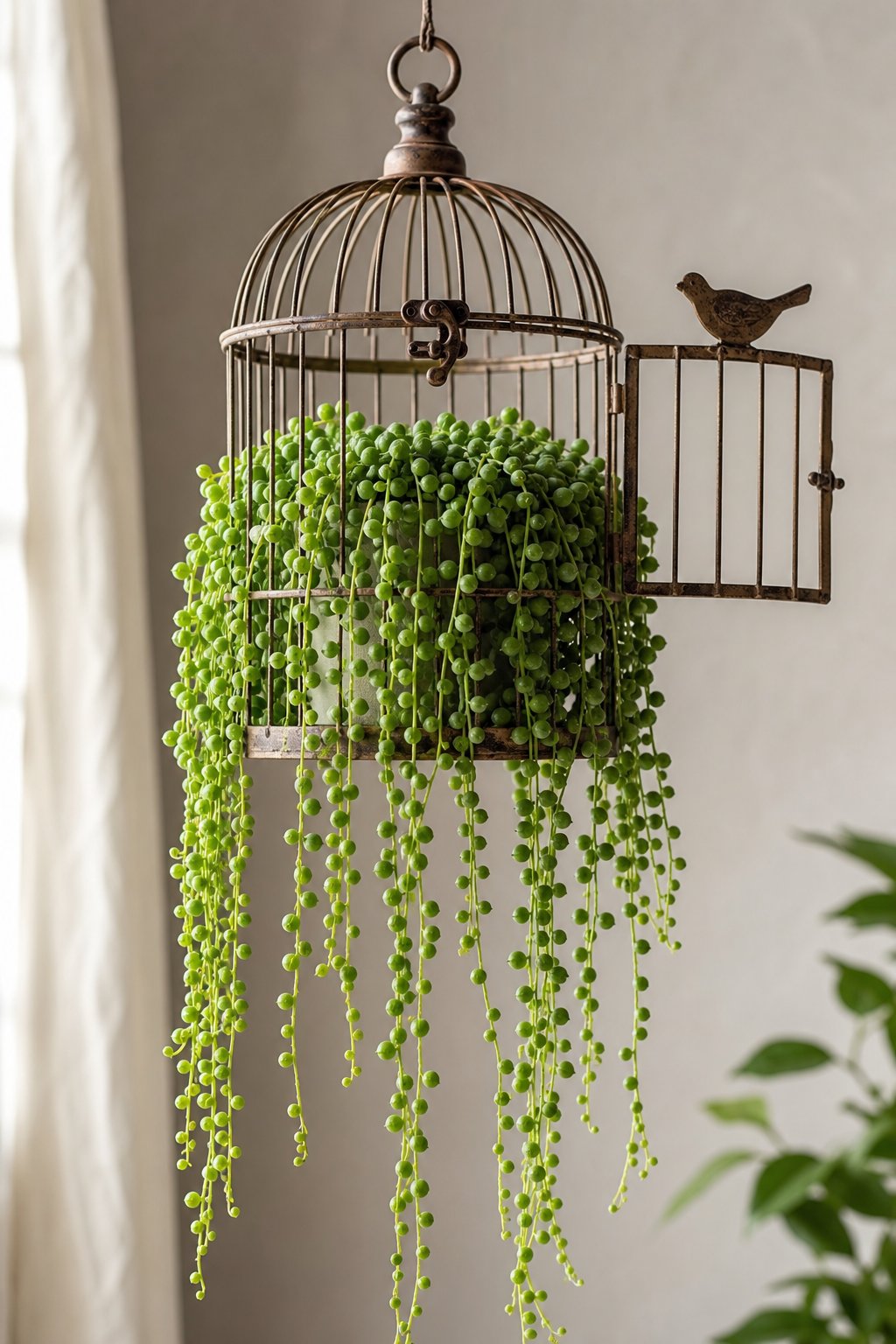 A vintage birdcage hanging indoors with trailing String of Pearls plants growing inside.