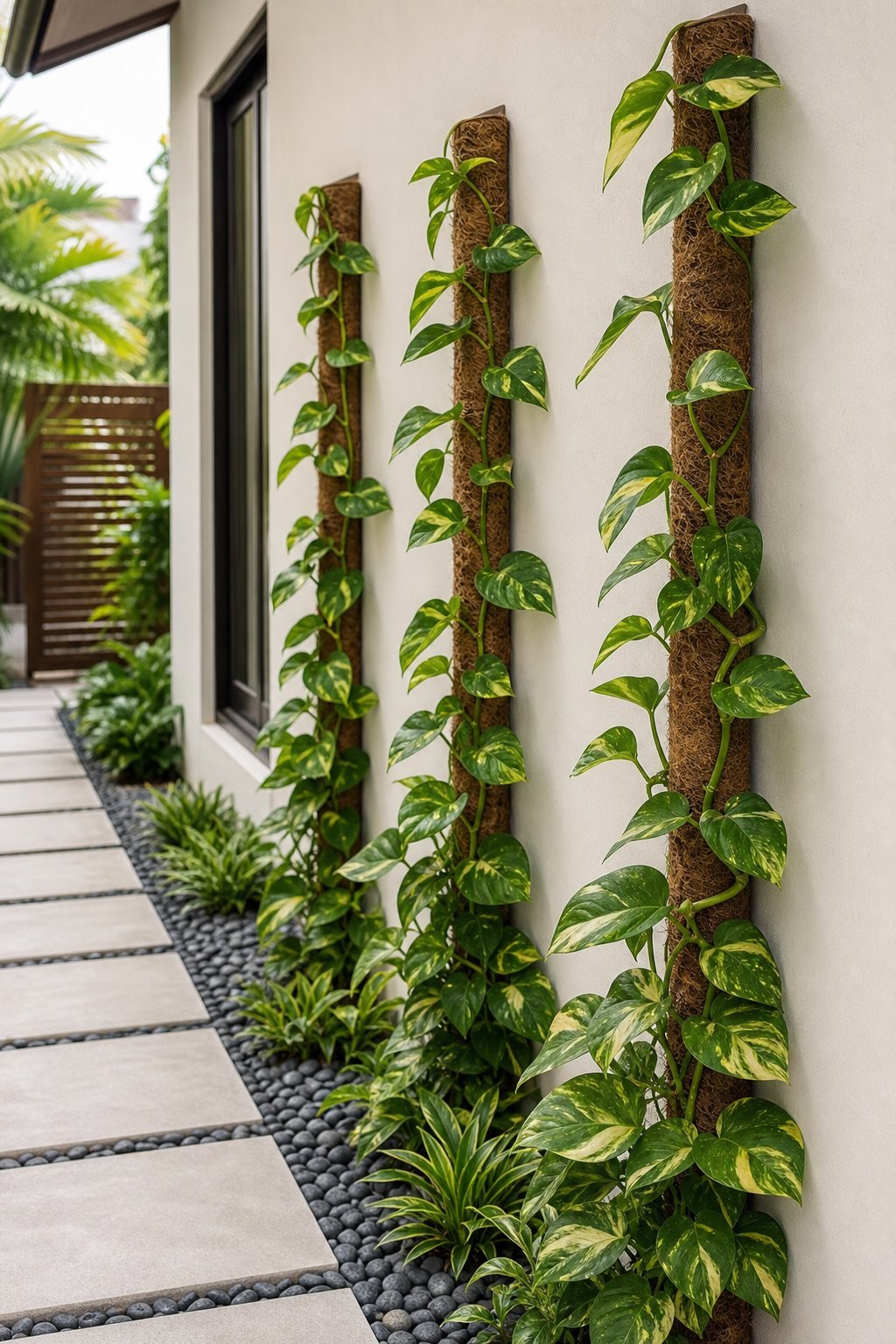 Side yard with green pothos plants climbing brown coco coir poles mounted on a light-colored exterior wall.