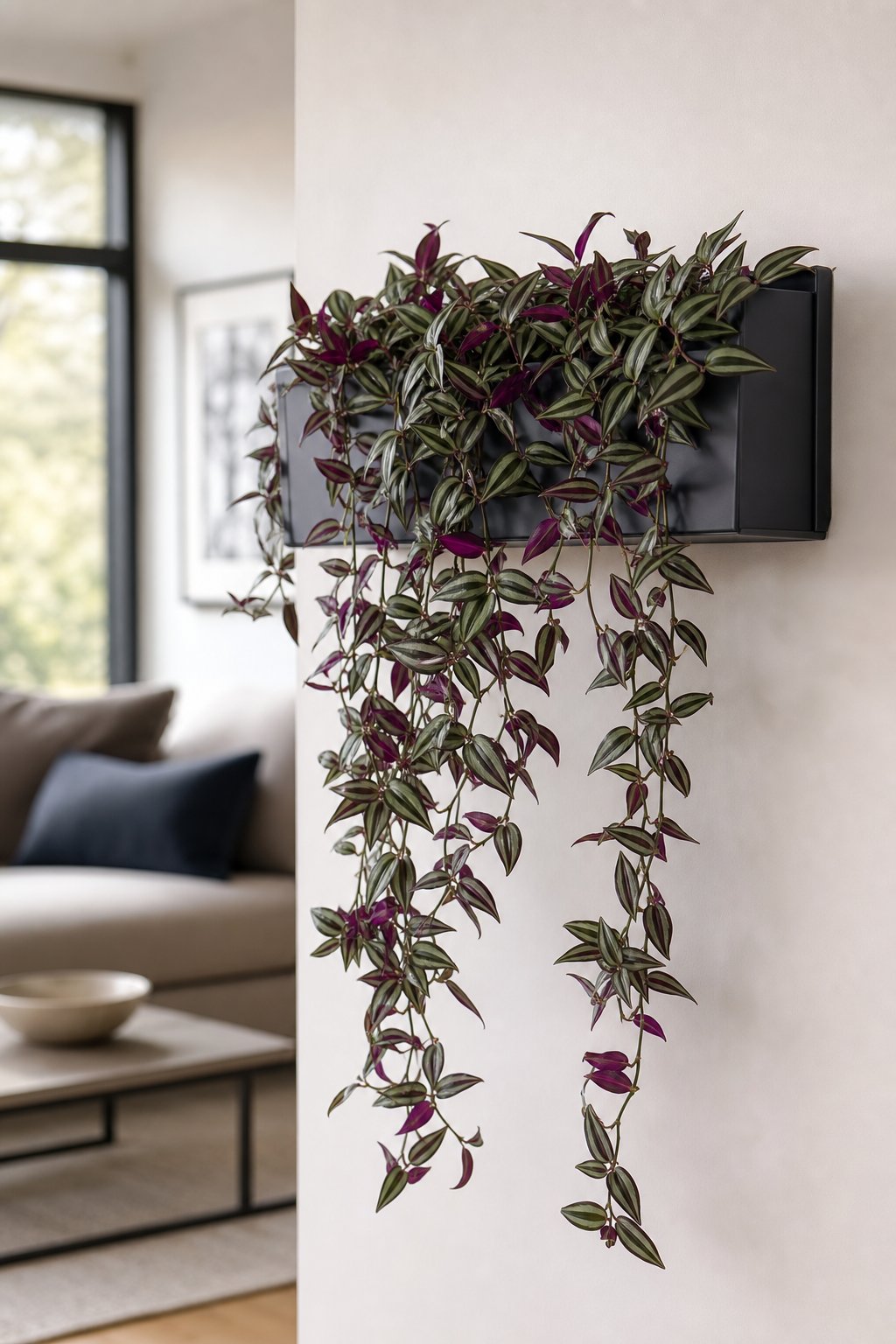 Wall-mounted planter with trailing green and purple Tradescantia plants hanging indoors against a white wall.
