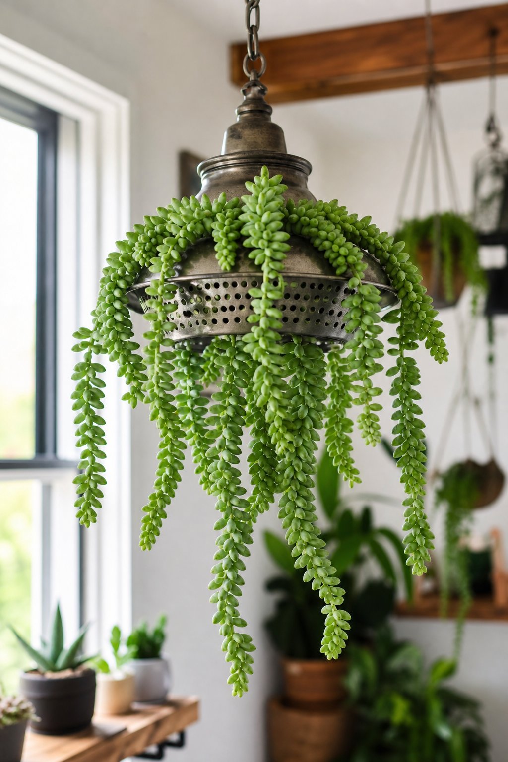 A repurposed light fixture hanging indoors holding a trailing Burro’s Tail succulent plant with green leaves in a bright room.
