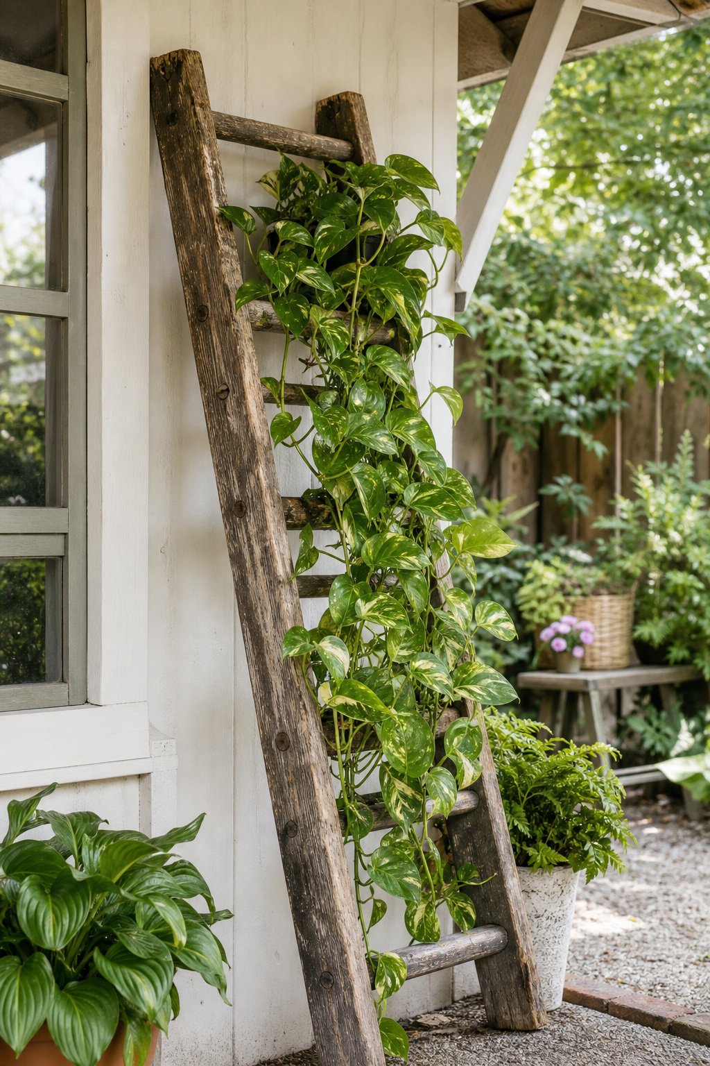 A vintage wooden ladder leaning against a garden room exterior wall with pothos plants cascading down its rungs.
