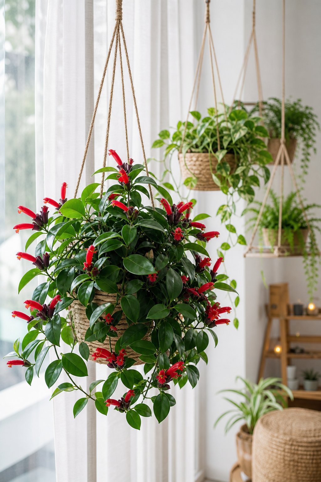 A sunlit indoor window with several hanging pots holding Lipstick Plants featuring green leaves and red flowers.