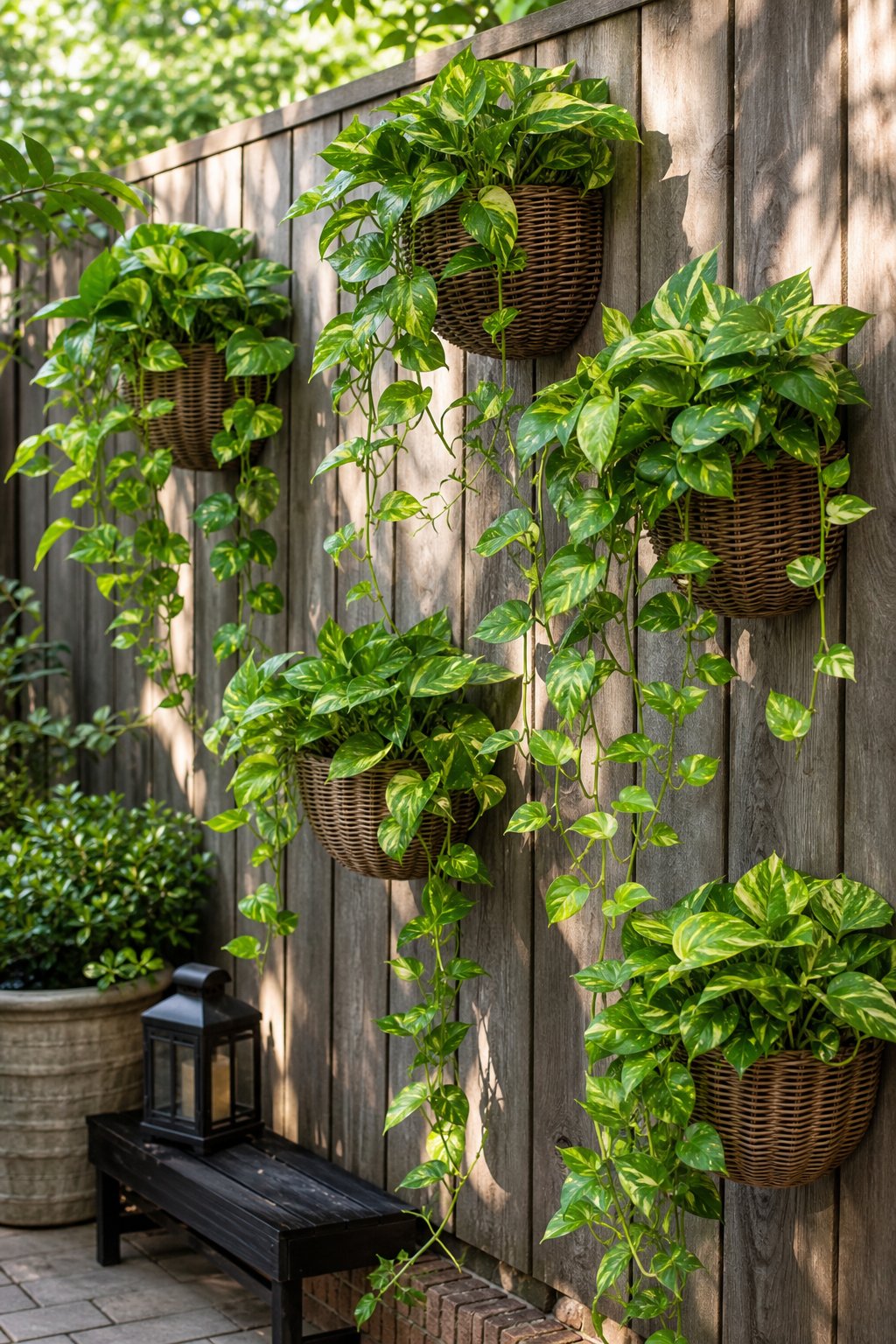 Wicker baskets filled with green pothos plants hanging on a shaded wooden courtyard fence.