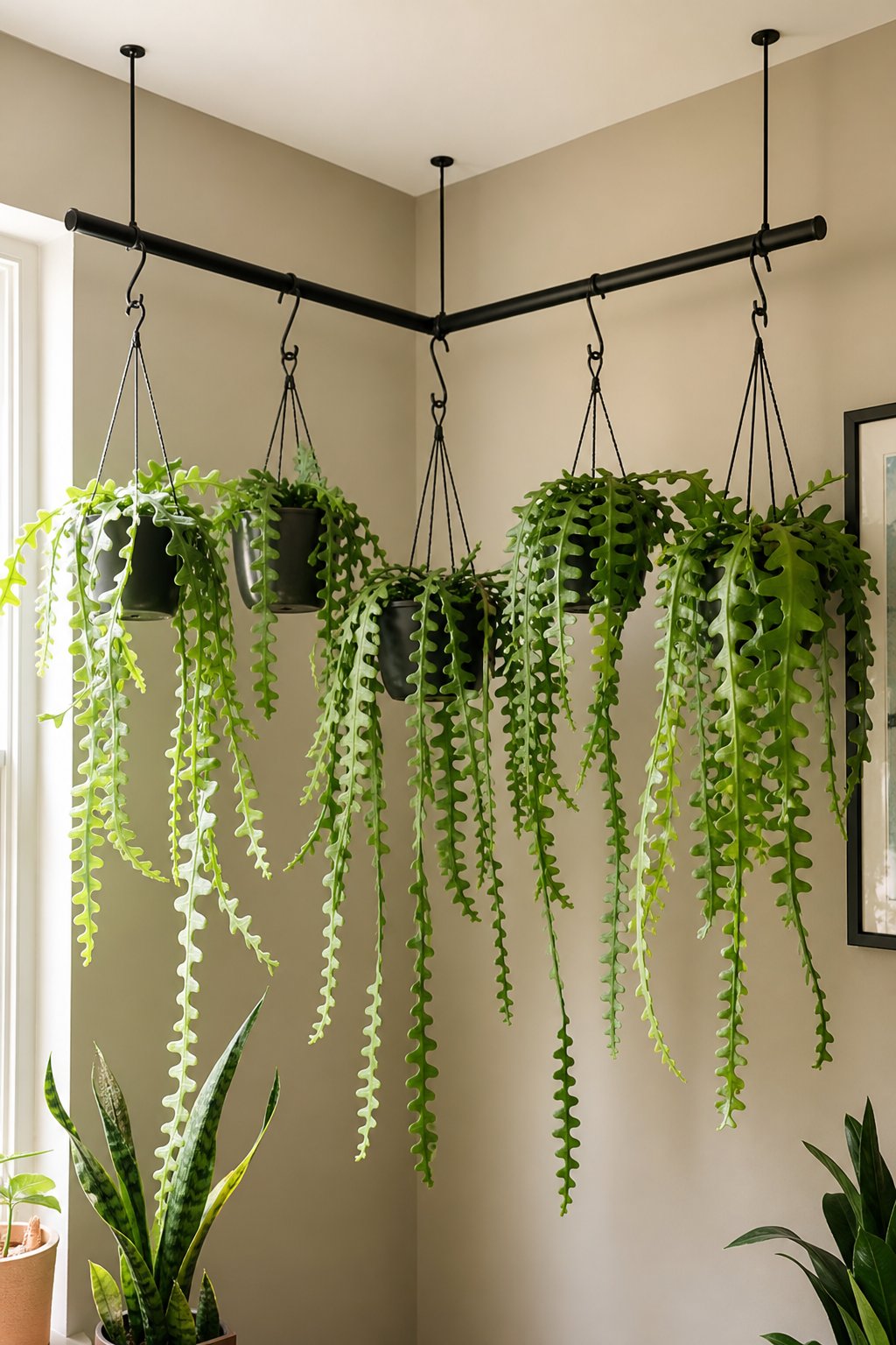 Indoor corner with hanging fishbone cactus plants suspended from ceiling rods against a neutral wall.
