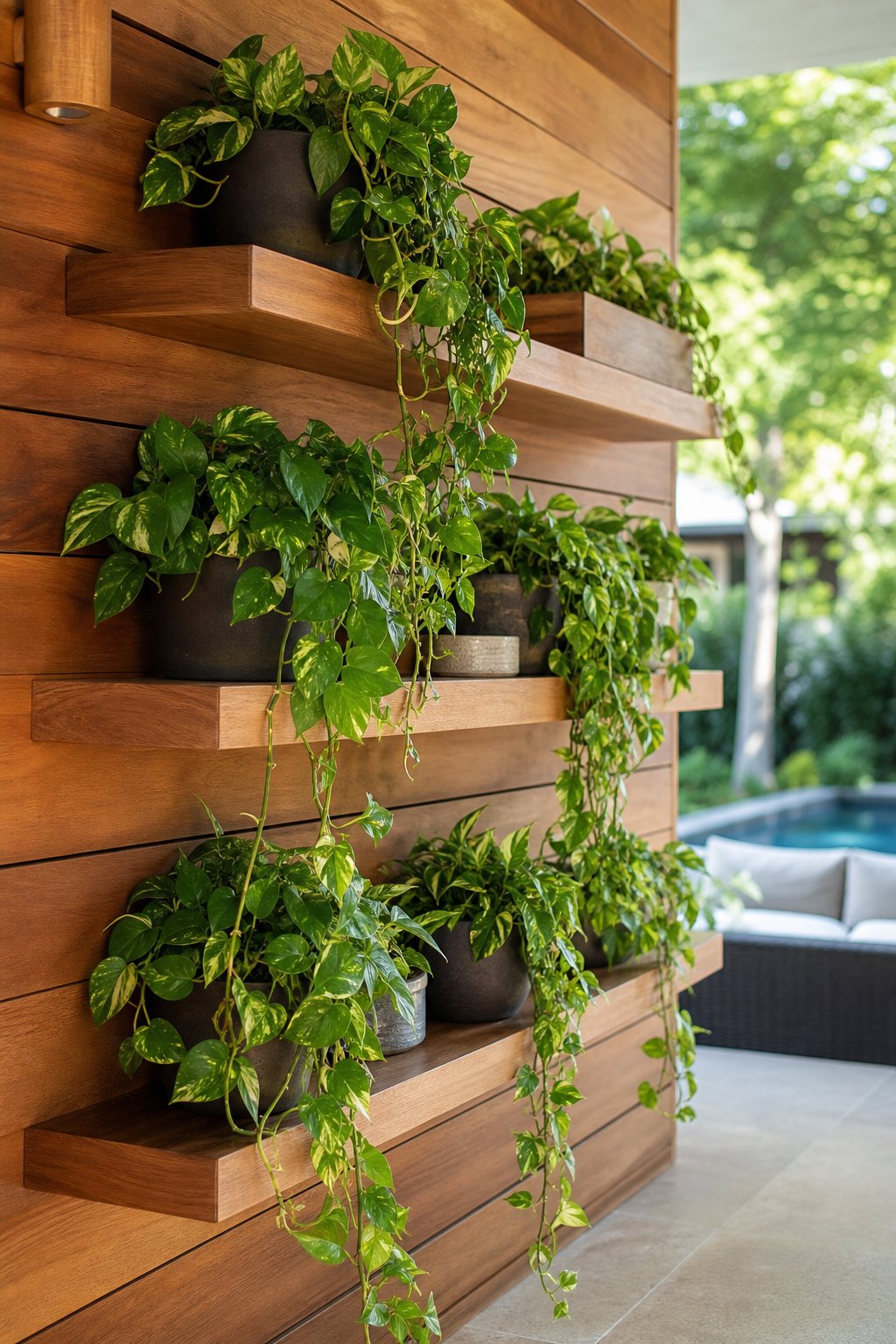 Floating cedar shelves on a backyard cabana wall with trailing pothos plants.