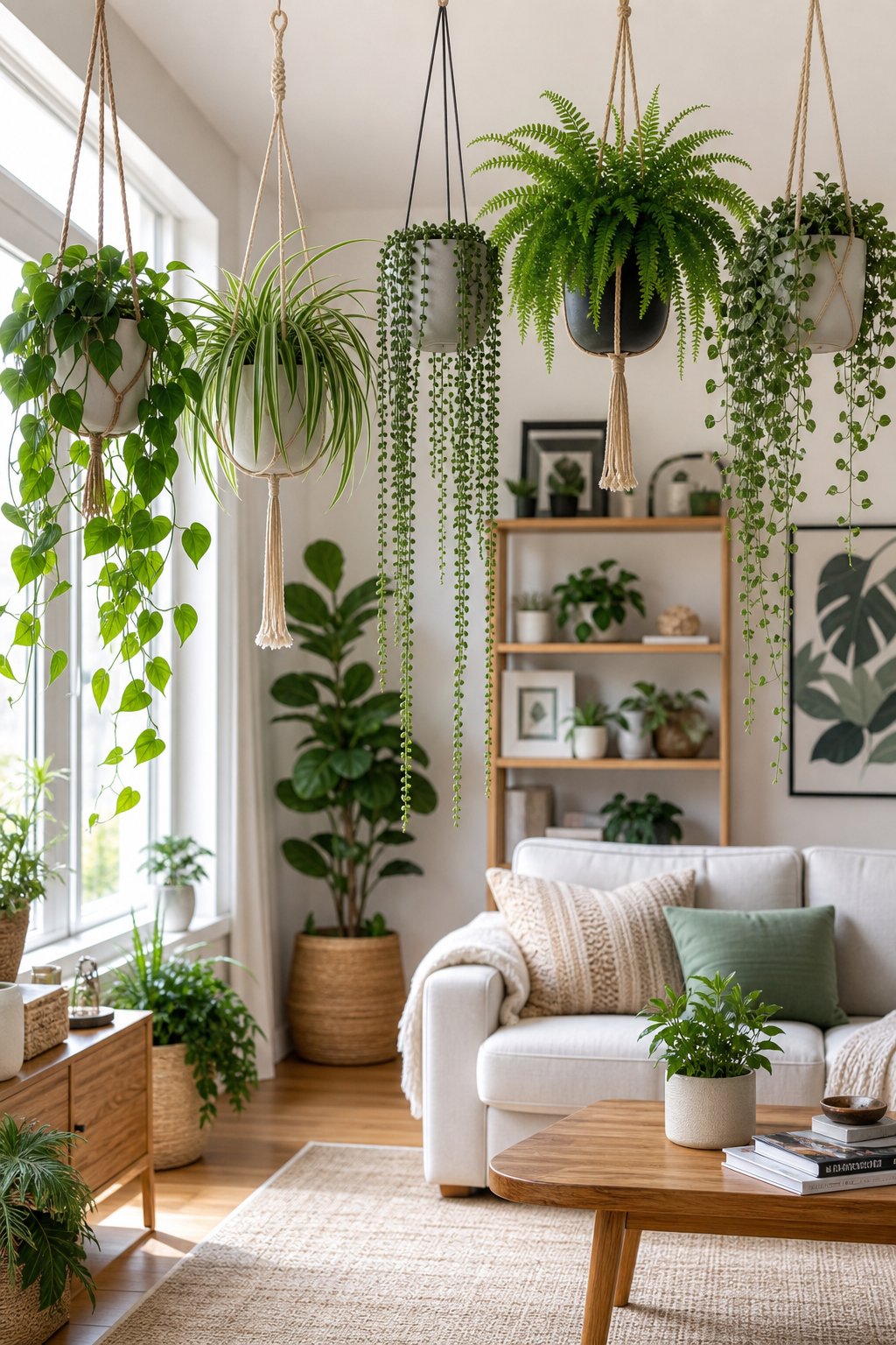 A living room with several different indoor hanging plants suspended from the ceiling near large windows.