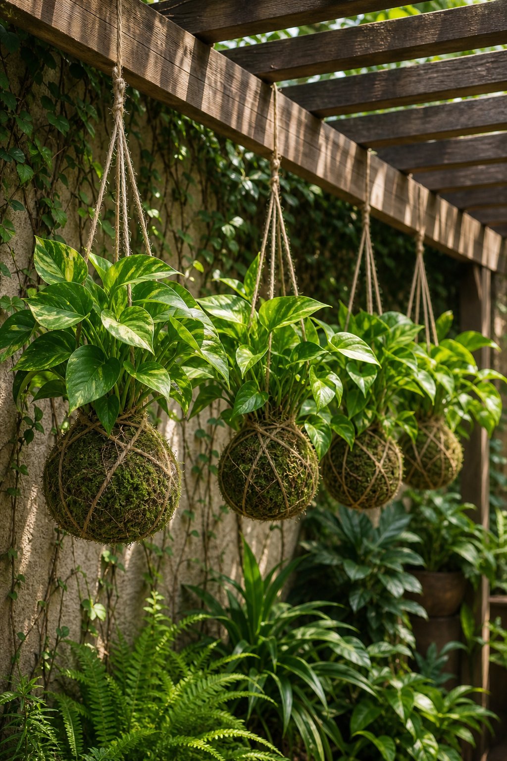 Row of kokedama Pothos plants hanging from a wooden pergola beam near a garden wall with climbing vines.