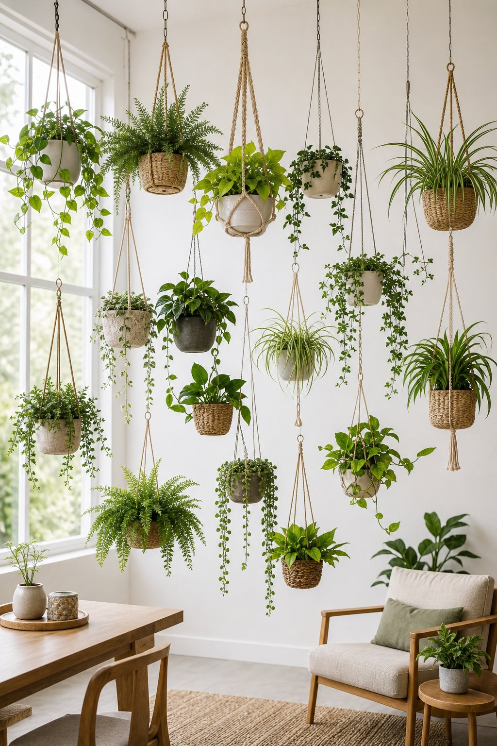 Indoor room with multiple hanging plants in different pots arranged at various heights near large windows.