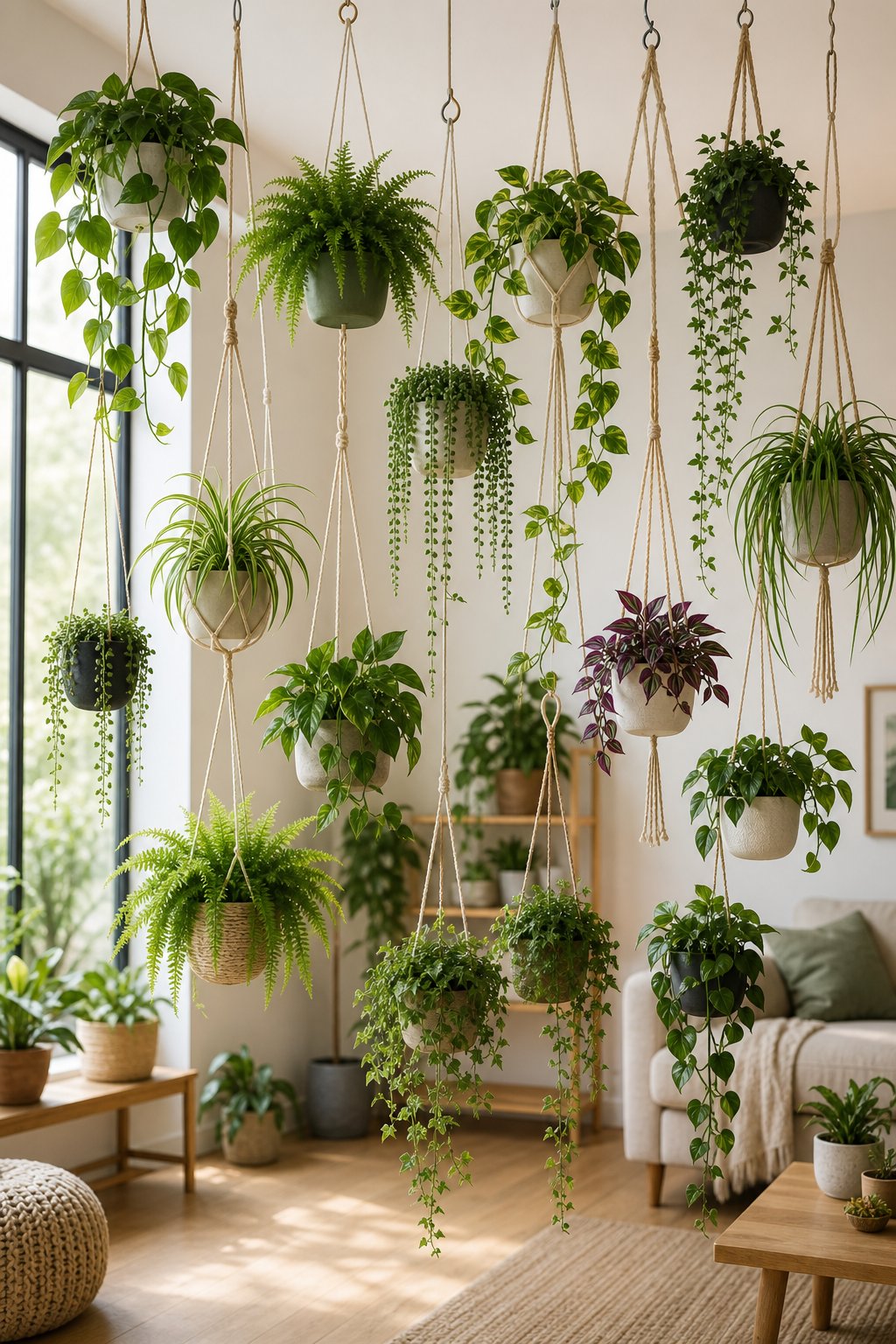 Indoor living room with multiple hanging plants of various types and sizes suspended near large windows.