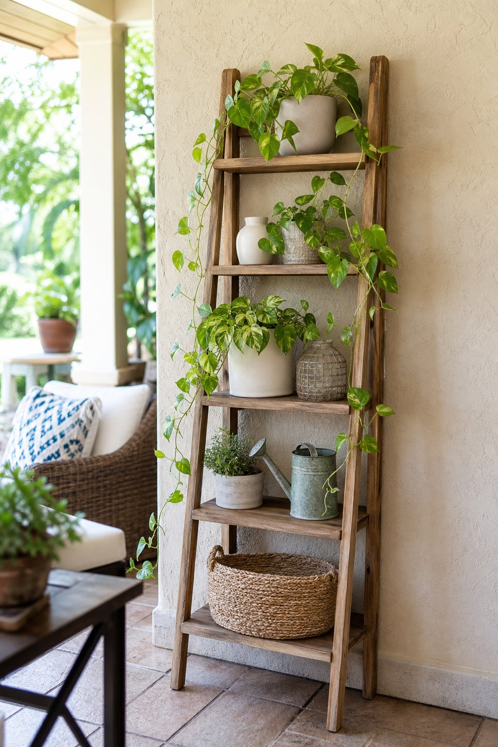 Leaning wooden shelf against a patio wall with green pothos plants arranged on its shelves.