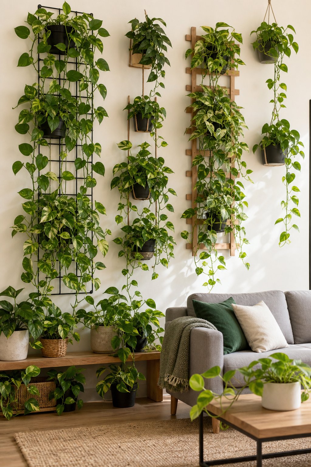 Interior wall decorated with various Pothos plants arranged on vertical planters and hanging pots in a modern living space.