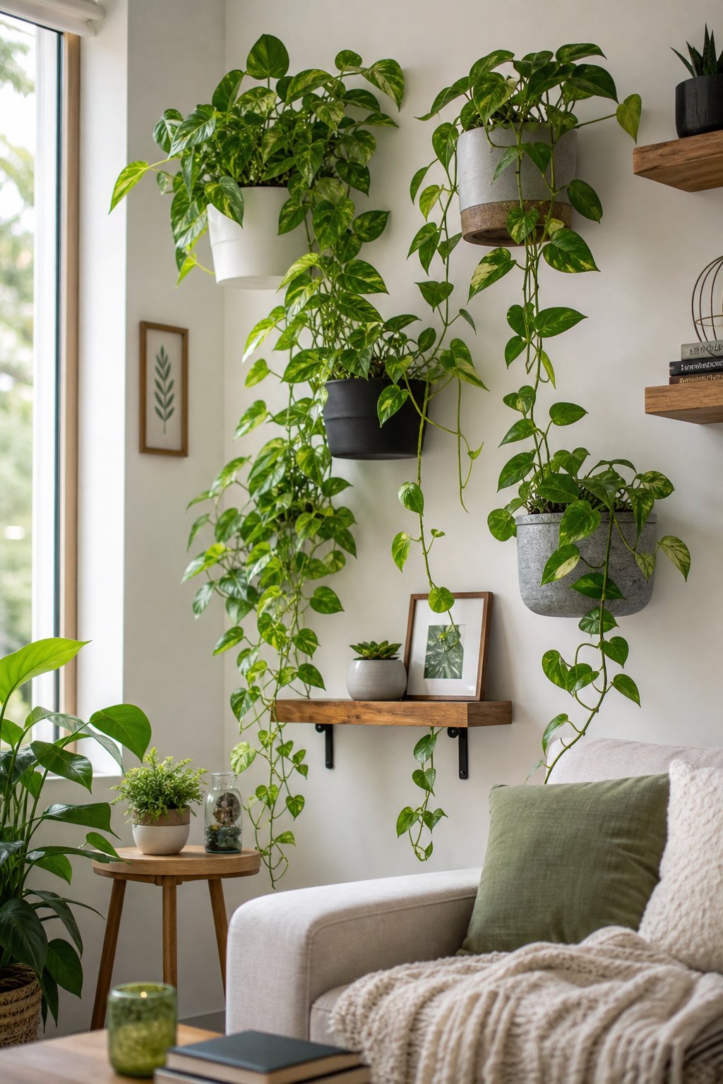 Indoor wall display with green pothos plants arranged on a vertical garden in a bright living room.