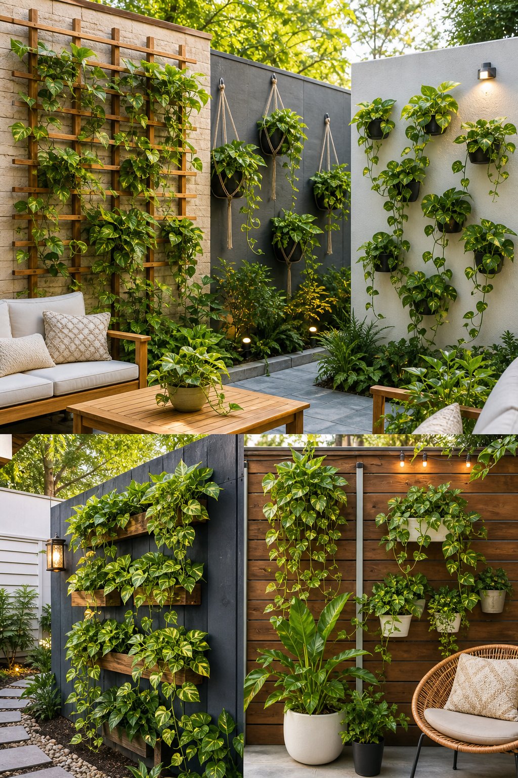 A backyard with several walls and fences decorated with lush green pothos plants growing on trellises, hanging planters, and wall-mounted pots.