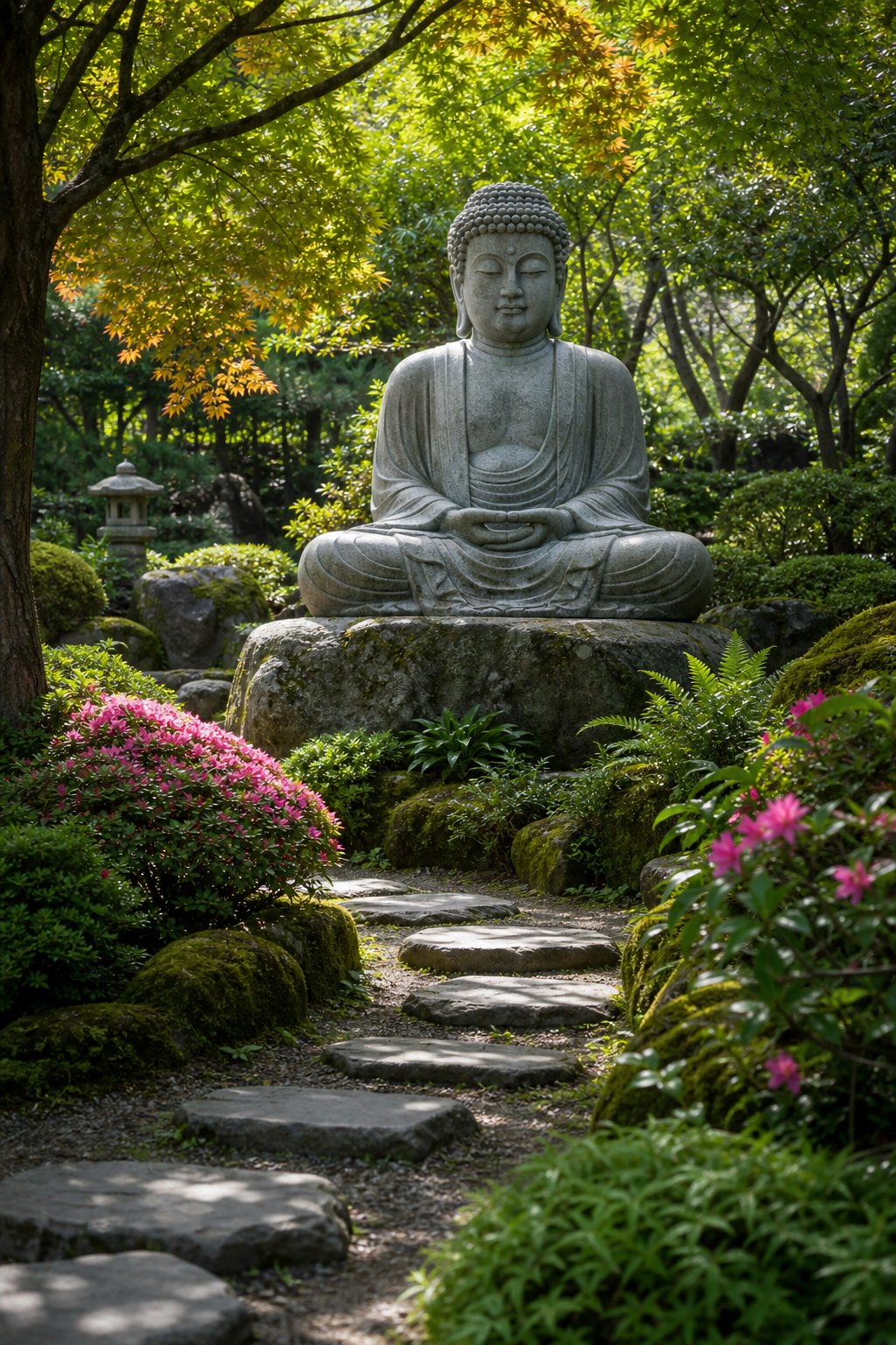 A stone Buddha statue seated in a garden surrounded by green plants and a stone pathway.
