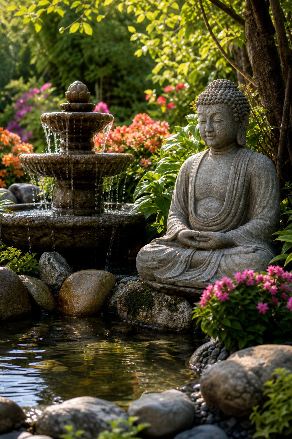 A small tiered stone fountain beside a seated Buddha statue surrounded by green plants and flowers in a peaceful garden.