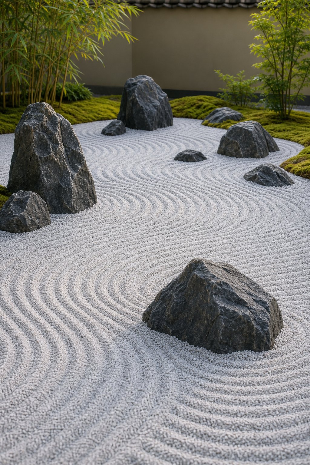 A tranquil Zen garden with raked white gravel and dark basalt rocks surrounded by subtle greenery.