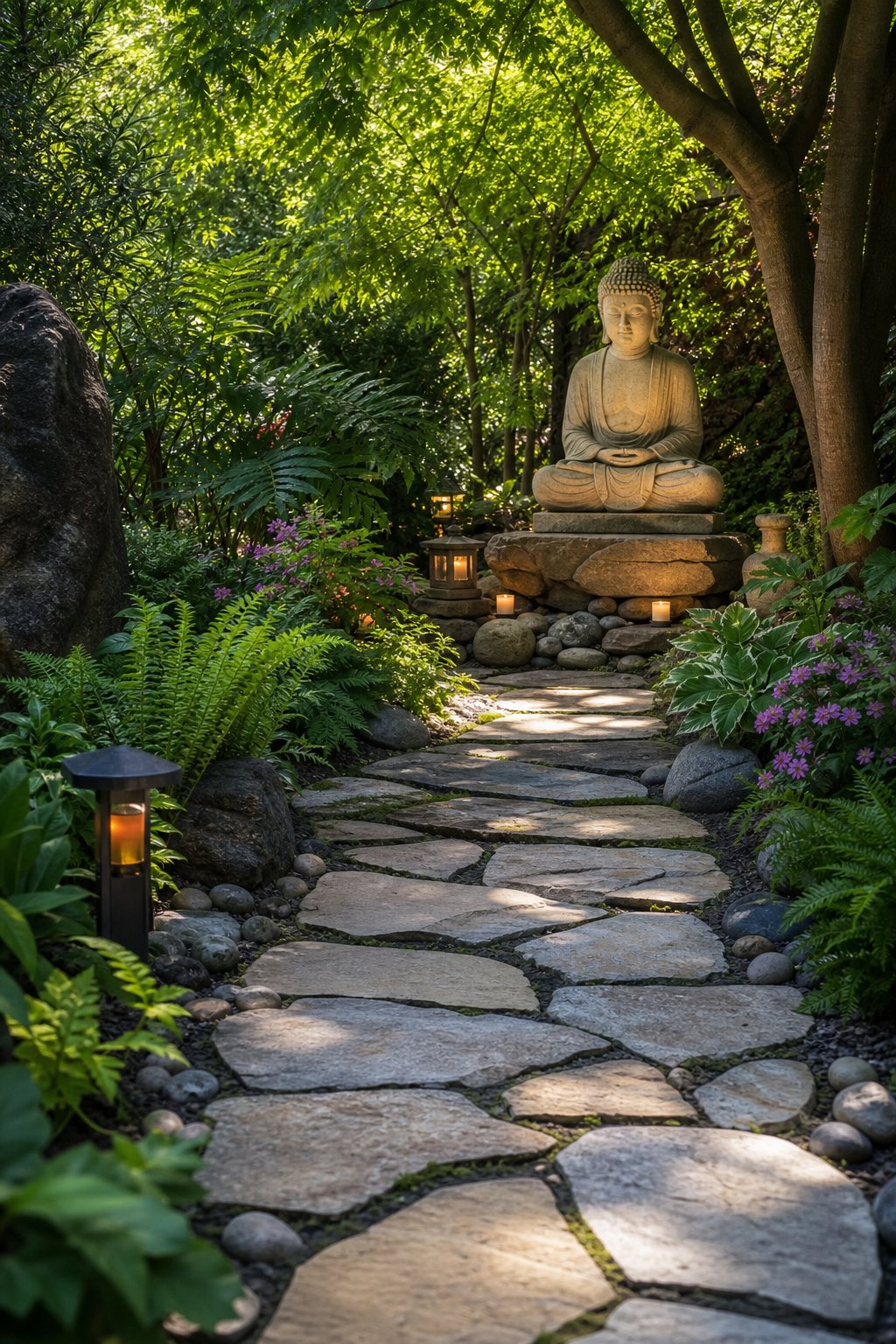 A flagstone path leads through a green garden to a Buddha statue surrounded by trees and plants.