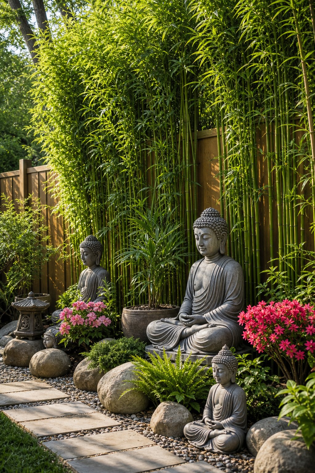 A garden with bamboo privacy screens along a wooden fence and several Buddha statues surrounded by plants and stones.