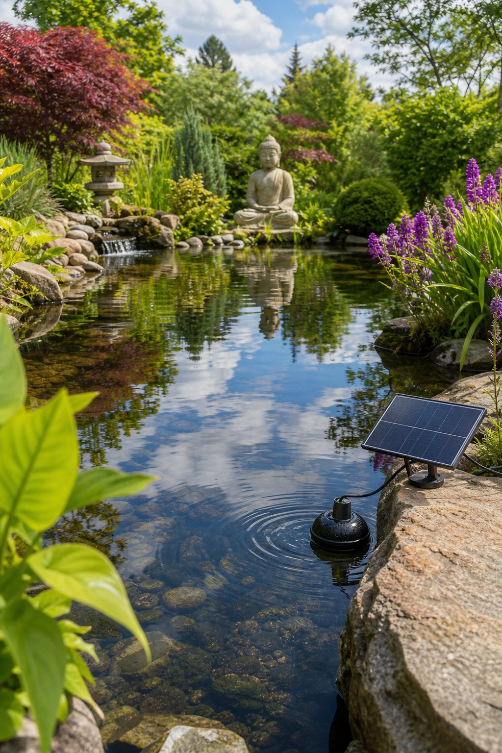 A peaceful garden with a reflective pool, a solar pond pump, and Buddha statues surrounded by greenery and flowers.