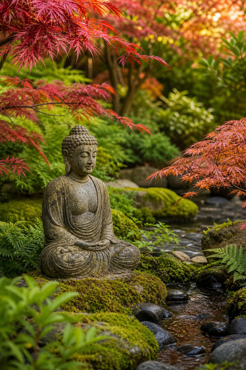 A peaceful garden scene with a Buddha statue surrounded by Japanese forest grass and dwarf maple trees with red and orange leaves.